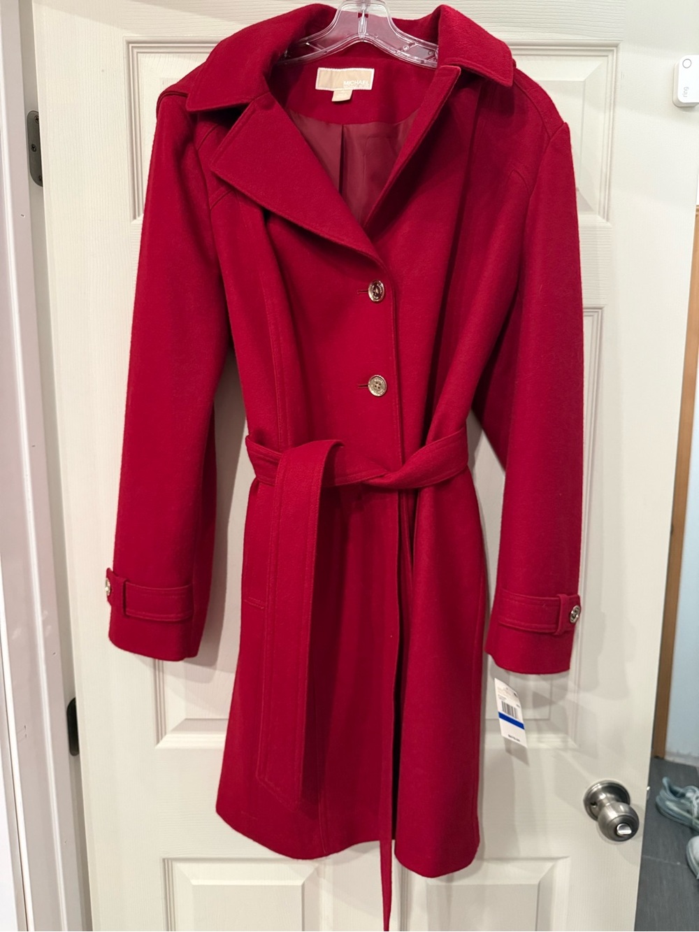 Womens Red Belted Wool-Blend Coat